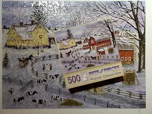"Dairy Farm Winter" COMPLETE 500 pc Puzzle 18x24 Barn Homestead Cows Hay Wagons - Picture 1 of 4