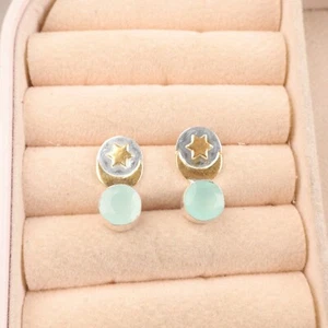 Pendientes colgantes redondos naturales aguamarina calcedonia aniversario joyería plata 925 - Imagen 1 de 6