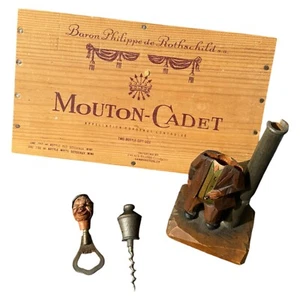 Vintage Carved Wood ANRI Drunk Light Post Corkscrew Bottle Opener Rothchild Box - Picture 1 of 9