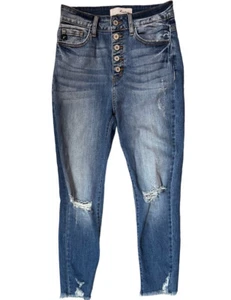 KANCAN WOMENS DISTRESSED BUTTON FLY HIGH RISE BLUE JEAN RAW HEM  SIZE 3 - Picture 1 of 7