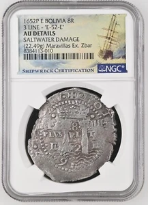1652 Bolivia 8 Reales "E-52-E" Maravillas Shipwreck NGC XF Saltwater DMG Ex Zbar - Picture 1 of 4