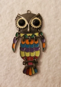 Vintage Hippie Owl Pewter Tone Faceted Black Eyes 2 1/2" Pendant Bright Enamel - Picture 1 of 3