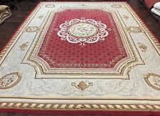 Aubusson Rug 9x12 Red and Ivory Elegant Carpet Flatweave Vintage Wool Handmade