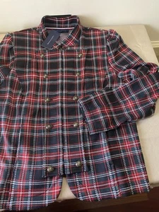 Tommy Hilfiger Milatary Plaid Red Black Green White Jacket Lion Metal Buttons - Picture 1 of 9