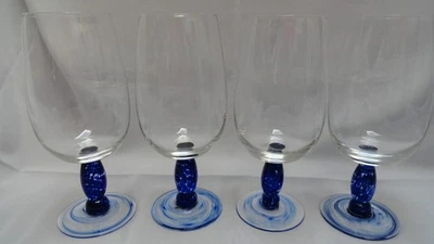 Set of 4 Denby Cobalt Blue Stem Swirl Dot Water Goblets/Iced Tea Glasses - 22 oz - Image 1 of 4