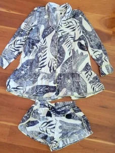 Anthropologie Camille Cabanes Botanical Bird Flannel Pajama Set XS Blue White - Picture 1 of 9