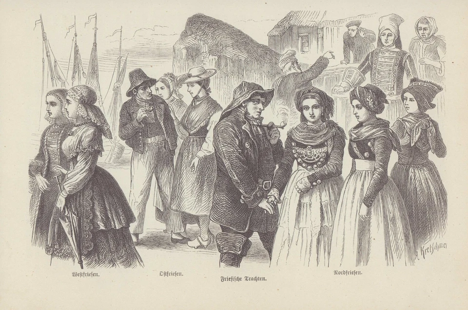 Friesische Trachten. Stahlstich von 1885 nach A. Kretschmer. - Bild 1 von 1