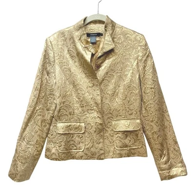 Jaqueta blazer brocado metálico Arden B dourada texturizada botão frontal feminina G - Imagem 1 de 4