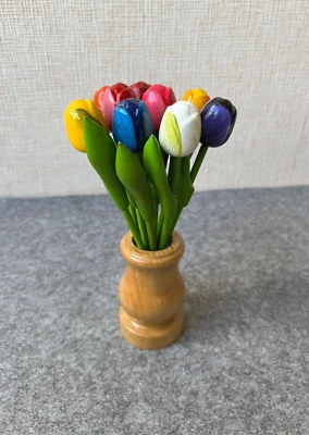 Tulipanes de madera con jarrón, juego de 9 tulipanes y jarrón de madera torneado, flor de 7,8"" Foto 1 de 4