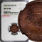 Finland Copper 1934 5 Penni NGC MS63 RB TOP  GRADED BY NGC KM# 22 (032)
