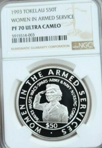 1993 TOKELAU SILVER 50 TALA WOMEN IN ARMED SERVICE NGC PF 70 ULTRA CAMEO POP 1 - Picture 1 of 4