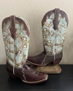  Rudel Women's Leather Western Cowgirl Boots in Brown Flower Print Size 9 E