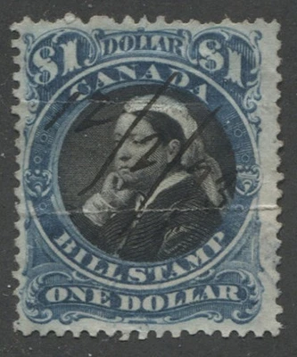 Canada Revenue Bill Stamp $1 Blue & Black Van Dam FB52 Fiscal Stamp Used - Image 1 of 2