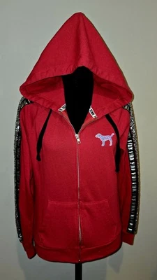XSP Victoria's Secret Sudadera con Capucha Rosa Roja Cremallera Perro Logo Lentejuelas Brillante Brillo Foto 1 de 4