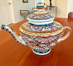VTG Portuguese Cerâmicas de Coimbra Teapot – Hand Painted Multicolor Pottery - Picture 1 of 11