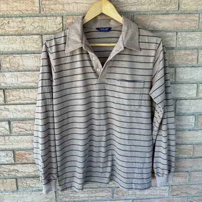 70s Dee Cee beige gray striped long sleeve polo shirt size Medium grunge vintage - Image 1 of 4