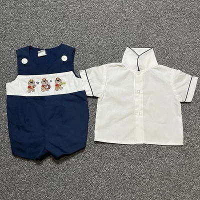 Conjunto de camisa vintage de mameluco y cuello blanco con banda de oso azul marino para bebés niños 3-9 meses Foto 1 de 4
