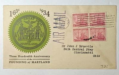 US COVER #736 BLOCK 4 MARYLAND FDC SAINT MARYS CITY, MD 3/23/34 LINPRINT 736-14 - Image 1 of 2