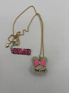 Betsey Johnson Bunny Rabbit Necklace Faux  Pearl Rhinestone - Picture 1 of 3