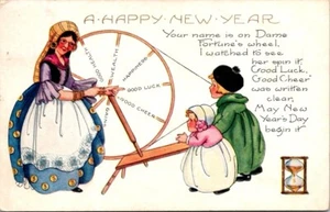 Postcard A Happy New Year Lady Children Spinning Wheel Whitney Made - Picture 1 of 2