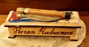 Hand carved Cigar Box Folk Art. Figural cigar, tobacco leaf, and flag - Picture 1 of 9