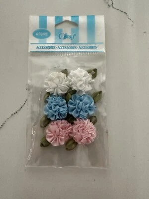 Offray Accessories 6 Bows-2 White 2 Blue 2 Pink-Scrapbooking Crafts Journalling - Image 1 of 4