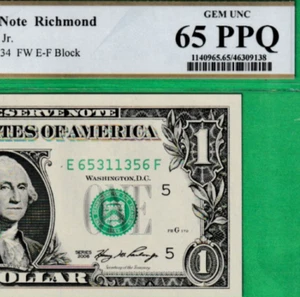 2006 $1 Federal Reserve note RADAR S/N 6531-1356 Richmond Fr. 1933-E PCGS 65 - Picture 1 of 3