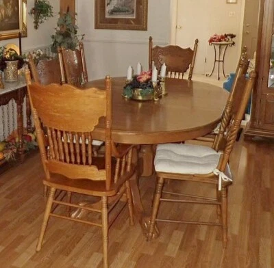 Oak Dining Room Oval Pedestal Table Set~10 Chairs~Leaf Cabinet Amish Made - Image 1 of 4