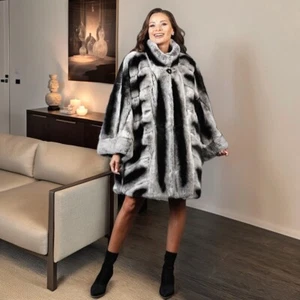 Winter Chinchilla Coats for Women Real Rex Rabbit Jacket Mid-Length Warm Outwear - Picture 1 of 6