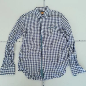 BOSS ORANGE Shirt Large Blue Check Mens Long Sleeve Regular Fit Linen Cotton - Picture 1 of 11