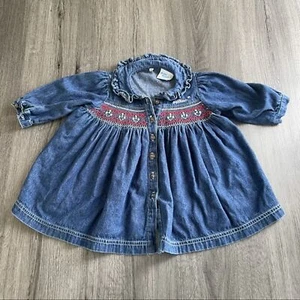 Vintage Baby B'gosh Denim Embroidered Long sleeve Dress Size 18mth 80s ruffle - Picture 1 of 6