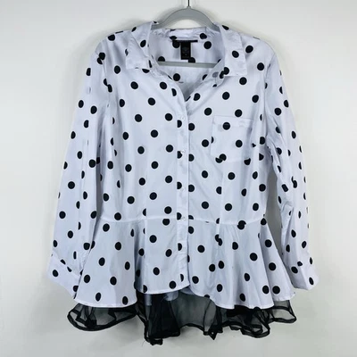 Blusa Camisa Top Ashley Stewart Talla 12 Lunares Chifón Dobladillo Peplum Blanca Negra Foto 1 de 4