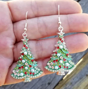 Sterling Silver Christmas Tree Earrings, Pearl & Crystal Christmas Tree Earrings - Picture 1 of 5