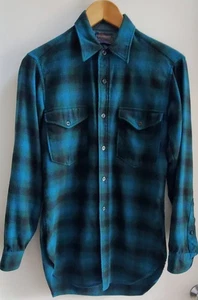 Vintage Pendelton kariertes Hemd SM 14 1/2 100 % Schurwolle türkis/schwarz/grün USA Mills - Bild 1 von 11