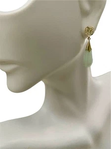 14K Gold TearDrop Jade Jadeite Dangle Earrings 1.2" Good Fortune Asian Vintage - Picture 1 of 9