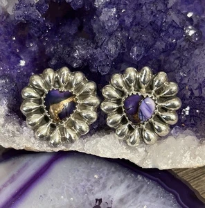 Southwestern Sterling Silver Violet Dahlia Turquoise Heart Earrings - Picture 1 of 6