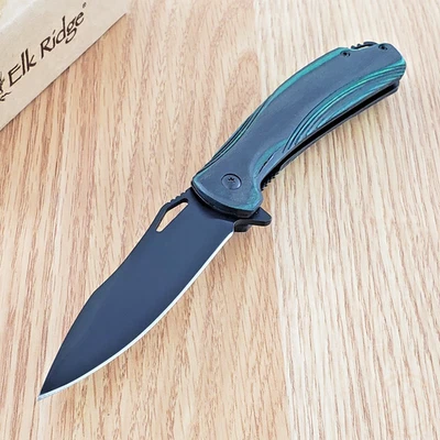 Cuchillo Plegable Asistido Elk Ridge 3.38" Hoja Inoxidable Verde/Negro Mango Madera Foto 1 de 4