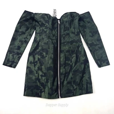 Asos Design Off Shoulder Zip Up Dress Green Camo Long Sleeve - Image 1 of 4