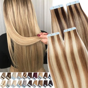 Brazilian Tape In Remy Human Hair Extensions PU-Tapes Skin Weft 10PCS FuLL Head - Picture 1 of 29