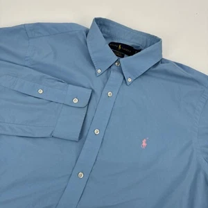 Ralph Lauren Men's XL Solid Blue Performance Long Sleeve Button Down Pink Pony - Picture 1 of 9