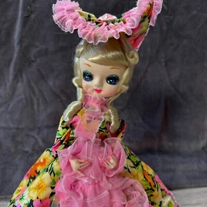 Vintage 70s Bradley Big Eye Doll Hand Painted Floral Pink Dress 12" - Picture 1 of 6