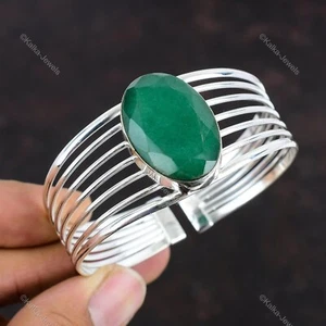 Wedding Gift For Her 925 Silver Natural Zambian Emrald Bangle Adjustable - Picture 1 of 6