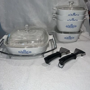 Vintage 11 Pc. Corningware Blue Cornflower Set 5 Dishes 3 Lids 2 Handles 1 Stand - Picture 1 of 23