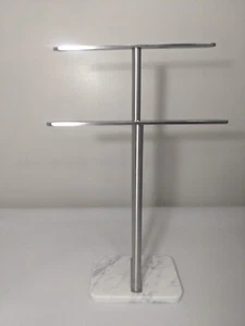 NEW- 2 Tier Standing Towel Rack / Towel Holder Stand (Silver with Marble Base) - Picture 1 of 8