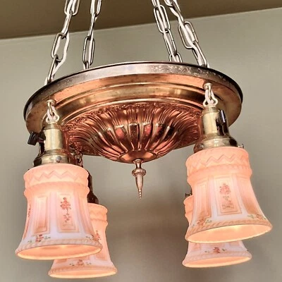 Vintage Antique 1910’s Pan Chandelier With Painted Art Glass Shades - Restored! - Image 1 of 4