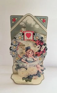 Vintage Stand Pop Up Die Cut Out Girl & Train Valentines Day Greeting Card B1 - Picture 1 of 10