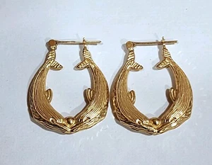 Real 14K Yellow Solid Gold Kissing Dolphin Earrings 2.41 gr - Picture 1 of 3