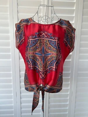 Women’s Wallis Silky Red Blue Multi top with cap sleeves & tie feature S Petite - Image 1 of 4