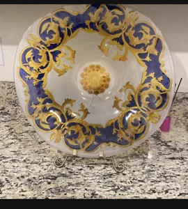 Vintage Glass Decorative Plate Blue Yellow Paint Versace Style Extra Large 18.5” - Picture 1 of 4