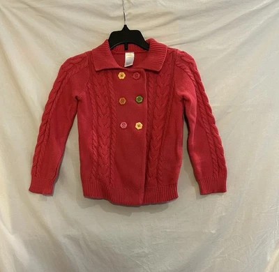 Suéter cardigã Gymboree meninas pequeno 5/6 rosa quente peito duplo botão flor - Imagem 1 de 4